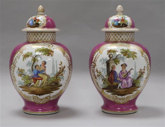 A pair Helena Wolfsohn, Dresden pink ground vases and covers, late 19th century, height 25.5cm